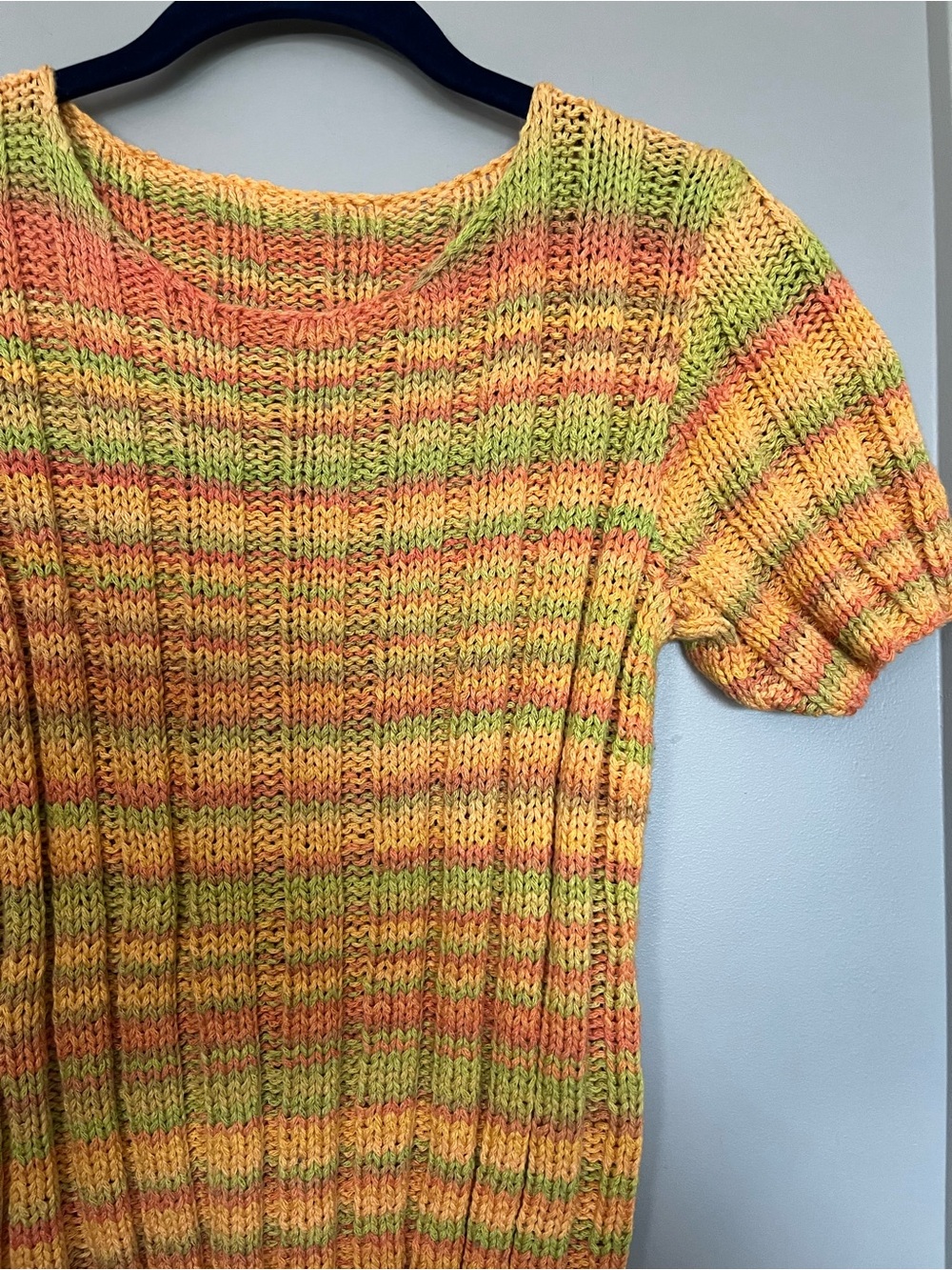 Hand Knitted Multicolor Ribbed Short-Sleeve Sweater - Picture 2 of 5